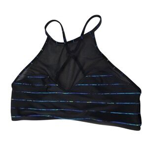Athleta Women L Black Striped High Neck Mesh Bikini Top Adjustable X-Back Straps